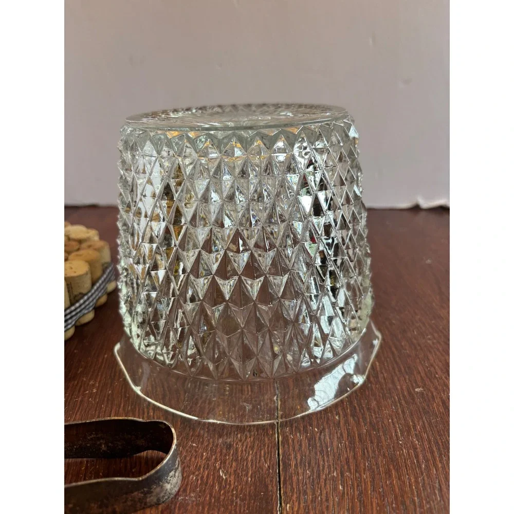 Vintage Diamond Point Pressed Glass Ice Bucket with Silver Tone Claw Tongs Set